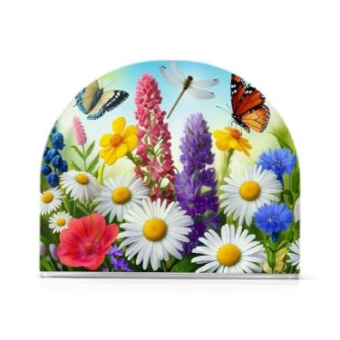 Imagem de Qilmy Lindo porta-guardanapos de flores silvestres e borboletas, porta-guardanapos de acrílico transparente para mesa, suporte de guardanapo de coquetel de papel de seda para cozinha, dispensador de
