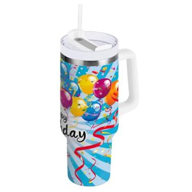 Imagem de Kigai Copo de balão de feliz aniversário de 1,134 g com tampa e canudo, copo isolado de aço inoxidável durável à prova de vazamento com alça, garrafas de água à prova de derramamento para viagens