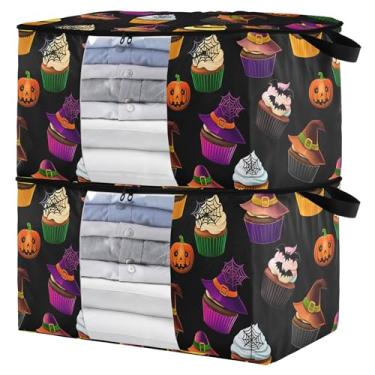 Imagem de Burbuja Bolsa de armazenamento de roupas para cupcakes de Halloween com tampas e alça, embalagem com 2 recipientes de armazenamento dobráveis com zíper resistente e janela transparente para armário de