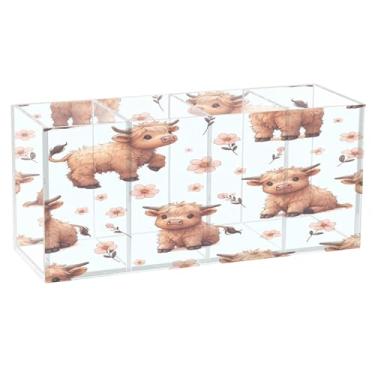 Imagem de Burbuja Cute Cows Porta-canetas de acrílico com 4 compartimentos, suporte de lápis transparente para pincéis de maquiagem, acessórios de mesa de escritório em casa