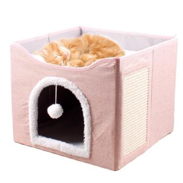 Imagem de Caverna da cama de gato, cama de caverna de gato,Casa dobrável Cama grande de gatos - Tenda de condomínio para dormir, ninho de estimação de casas de cubo macio com bola de pelúcia e arranhão, suprim