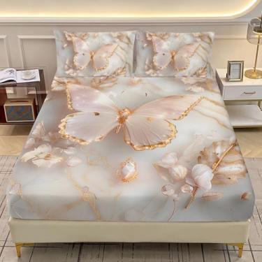 Imagem de AILONEN Lindo jogo de lençol Queen com estampa de mármore, 3 peças, rosa e dourado 3D, lençol com bolso profundo e 2 fronhas