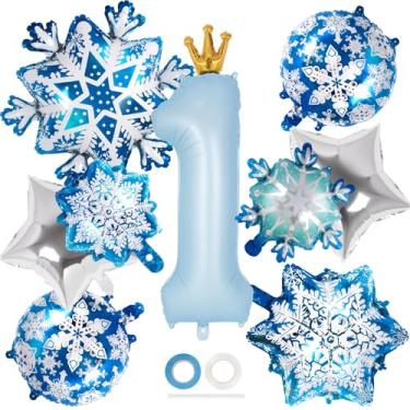 Imagem de Balão número 1 com coroa de 101 cm, decorações de festa de primeiro aniversário azul, balões de Mylar de folha de floco de neve para decorações de festa de aniversário com tema de inverno (número 1)