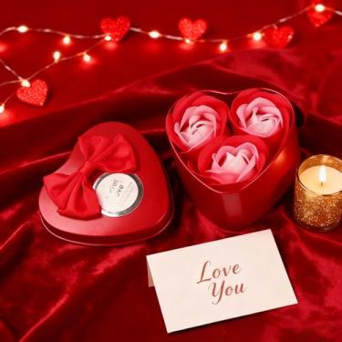 Imagem de 3 peças de rosas artificiais, flores de seda caixa de coração, arranjo floral de toque real para decoração de casa e presente romântico (vermelho)