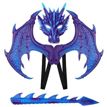 Imagem de Alodidae Conjunto de fantasias de dragão asas de demônio cauda de demônio máscara de dinossauro para festa de Halloween cosplay (azul roxo)