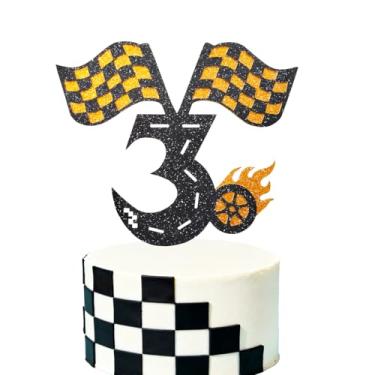 Imagem de Racing Car 3rd Birthday Cake Topper. Checkered Flag, Race Track, Fire Wheel Cake Decoration Set for Boy's 3 Years old Birthday Party Supply