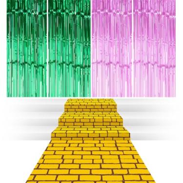 Imagem de Teenyyou 3 peças de tapete de fundo de parede de tijolos amarelos com 4,5 x 2,5 m, decoração de parede de tijolos, 4 peças, cortina de franja, adereços de cabine de fotos para festa de cosplay de