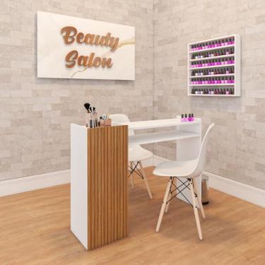 Imagem de Mesa de manicure profissional grande com detalhes listrados, ideal para salões de beleza, cabeleireiros, salões de unhas em gel, mesas de estudo, massagens nos pés e serviços de manicure(LOURO FREIJO)