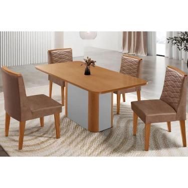 Imagem de Sala Jantar Mesa Pietá Tampo Curvo 120cm+4 Cadeiras Maldivas Madeira Naturale/Off White - Capuccino/Corano Capuccino - Rufato
