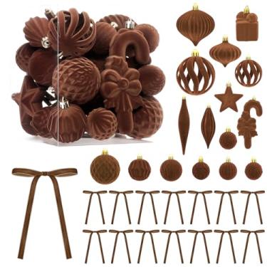 Imagem de DRANSMIC 48 bolas de enfeite de árvore de Natal de veludo marrom com laço incluídas 28 peças de várias bolas flocadas, 20 peças de decoração de laço de veludo, ornamento vintage para guirlanda de