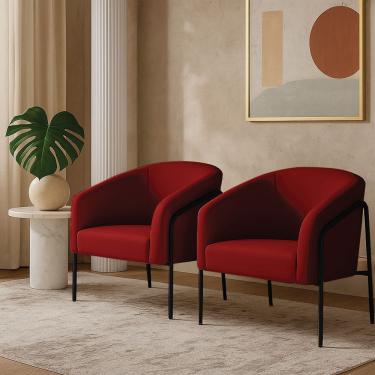 Imagem de Poltrona Sala Decorativa Kit 2 Stella Base Alta Tubo Preto Veludo Marsala D03 - D'rossi