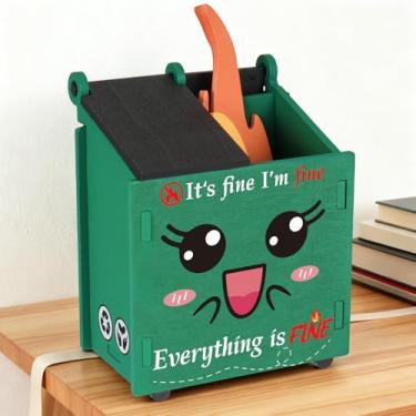 Imagem de Hlimior Porta-lápis de lixo com cartões chamas – Organizador de mesa com compartimentos para canetas e suprimentos, um presente exclusivo para colegas de trabalho, professores e decoração de