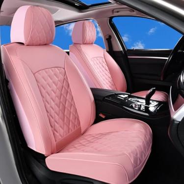 Imagem de Huidasource Capas de assento dianteiras rosa, capas de assento de carro dianteiras de couro napa, tecido elástico lateral, compatível com airbags, cintos de segurança, ajuste universal para a maioria
