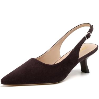 Imagem de RIBONGZ Salto gatinho feminino bico fino fechado salto baixo salto slingback fivela tiras conforto vestido sapatos namoro casamento festa de formatura trabalho, Marrom chocolate, 38