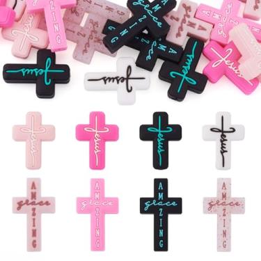 Imagem de Beadthoven 16 peças de contas focais de silicone cruz para canetas rosa preto contas em forma de cruz fé Jesus espaçadores de borracha para fazer chaveiros, pulseiras, colar, artesanato DIY