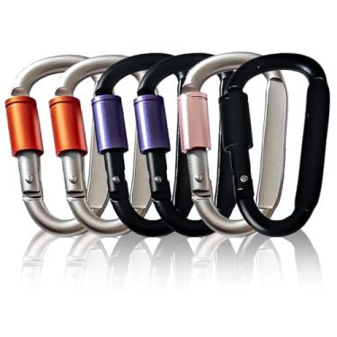 Imagem de Clipe mosquetão, fecho mosquetão em forma de anel D de 7,6 cm com portão de parafuso, gancho de pressão de mola de alumínio para clipe de chaveiro (6 peças)