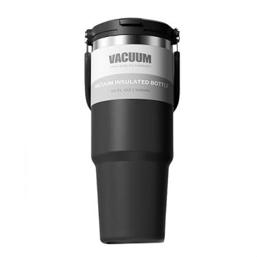 Imagem de FAMKX Caneca de viagem isolada com tampa 2 em 1 de 850 g com alça e canudo, copo térmico a vácuo à prova de vazamento de parede dupla de aço inoxidável bidirecional (preto, 850 g)