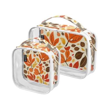 Imagem de GAIGEO Conjunto de bolsa de maquiagem transparente com folhas de outono, bolsa de maquiagem de plástico transparente, bolsa de higiene feminina, pacote com 2, Folhas e maçãs - 2, one size