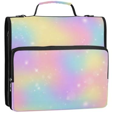 Imagem de Organizador de fichário com zíper gradiente pastel, 3 fichários de anel de 3,5 cm D com alça para bolsa de ensino médio, portfólio e estojo para pasta de anéis, 34,5 x 31,5 x 9 cm