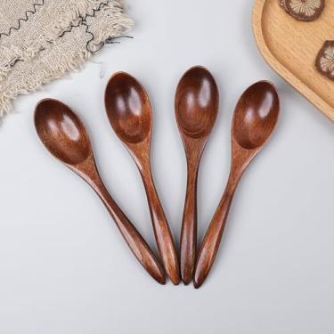 Imagem de 4 colheres de madeira pequenas, espalhadores de geleia e mel para torradas e sobremesas de café da manhã, mini utensílios de colher para condimentos e servir, colheres de madeira marrom