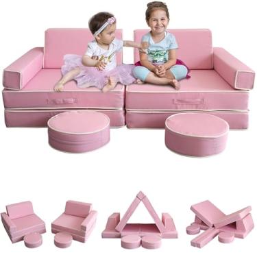 Imagem de Jadoxy Sofá modular para crianças, sofá secional para sofá, quarto e sala de jogos, espuma conversível para crianças, almofada de chão para meninos e meninas imaginativos (rosa)