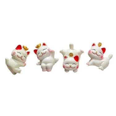 Imagem de FLCPJGV Conjunto de 4 estatuetas de gato da sorte em miniatura para decoração de de computador, adoráveis ​​figuras para tela de navegador de carro.