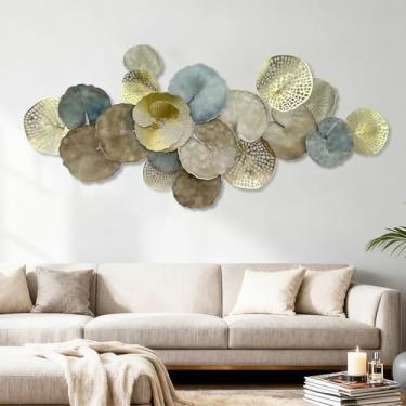 Imagem de Axioglo Decoração moderna de arte de parede de metal, design de folha de lótus abstrata 3D, decoração de parede de ferro feita à mão para sala de estar, quarto, entrada, decoração de casa de 129,5 cm