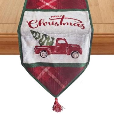 Imagem de Caminho de mesa vermelho de Natal 33 x 182 cm, cachecol de mesa de Natal com borlas, design xadrez e caminhão vintage, decoração festiva de mesa de jantar de cozinha de Natal