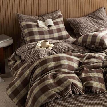 Imagem de EAVD Conjunto de edredom vintage de café, guingão, 100% algodão musselina, chique, amarelo gasto, verde, quadriculado, xadrez, conjunto de cama com 2 fronhas, reversível
