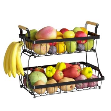 Imagem de Fruteira De Mesa Organizador De Frutas, Cesto de Frutas de Metal, Cesta de Armazenamento de Frutas com Alça, Fruteira de Cozinha para Armazenar Verduras e Frutas (2 Níveis com Alça)