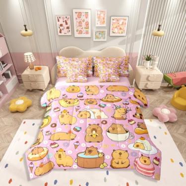 Imagem de Lindo jogo de cama solteiro de capivaras com 7 peças, estampa rosa, capivara rosa, conjunto de cama de animais roedores kawaii, inclui edredom, conjunto de lençóis, fronhas e fronhas, bolos de sorvete