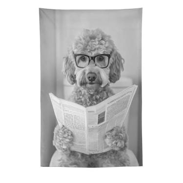 Imagem de Tapeçaria de leitura de poodle com óculos, preto e branco, cena de banheiro, arte engraçada para pendurar na parede, decoração de casa caprichosa para banheiro, sala de estar, ambiente lúdico