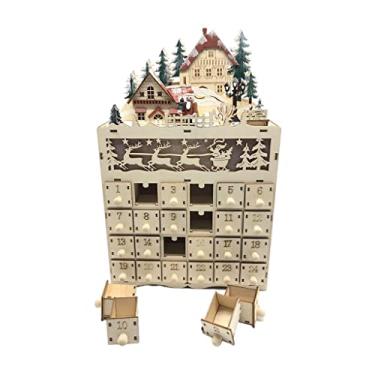 Imagem de Milageto Calendário Do Advento Tradicional de Madeira com LED, Design Festivo com 24 Gavetas, Luzes de Natal em LED E Papai Noel, Funciona a Pilhas.