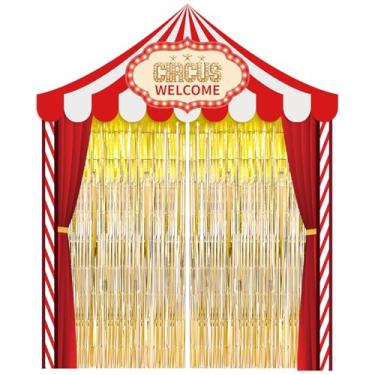 Imagem de Bafeil Decorações de barraca de circo, artigos de festa de carnaval - pano de fundo para varanda e cortinas com franjas douradas, adereços para sessão de fotos com tema de palhaço, aniversário, sala