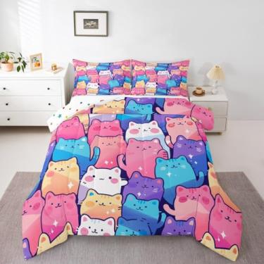 Imagem de Homewish Conjunto de edredom Kawaii com estampa de gato, 3 peças, decoração de gatinho colorido, para meninos, meninas e adolescentes, conjunto de edredom com 2 fronhas