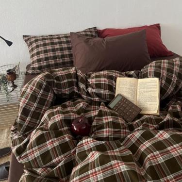 Imagem de Bildenly Conjunto de capa de edredom xadrez buffalo, tamanho solteiro, vermelho, marrom, guingão, vintage, quadriculado, macio, leve, microfibra para todas as estações, com fecho de zíper e 1 fronha
