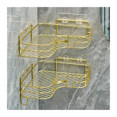 Imagem de Organizador de chuveiro, 2 prateleiras de armazenamento de artigos de higiene de metal, prateleiras duplas de armazenamento de metal montadas na parede com ganchos, sem perfuração, prateleiras de