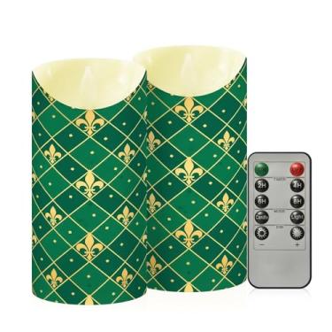 Imagem de Wassud Pacote com 2 velas sem chama de diamante verde flor-de-lis com controle remoto, velas realistas cintilantes com temporizador, velas decorativas para Natal, casamento, festa, decoração de casa