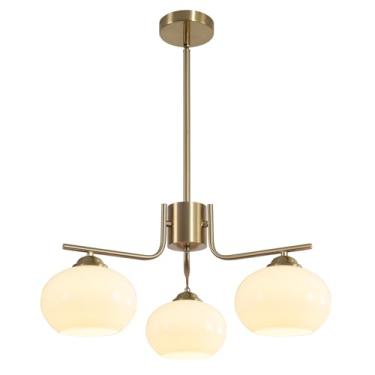 Imagem de Lustre pendente moderno de meados do século XX com globo, 3 lâmpadas, vidro leitoso, estilo Sputnik dourado, luminária pendente em latão escovado para ilha de cozinha (3 lâmpadas)