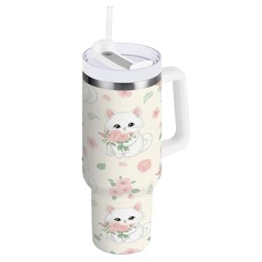 Imagem de Burbuja Copo isolado de flor de gato branco 1,134 g com alça e tampa de palha, caneca de viagem de aço inoxidável de parede dupla à prova de vazamento, presente para mamãe papai