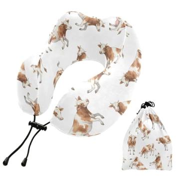 Imagem de Burbuja Almofada de pescoço de vaca em aquarela para viagens, almofada de viagem de espuma viscoelástica para suporte de cabeça de carro de avião dormindo, lavável na máquina e portátil