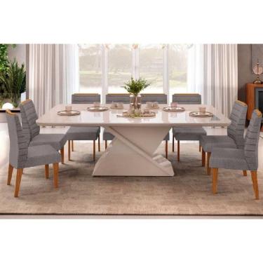 Imagem de Conjunto: Mesa Sala Jantar Zafira c/ Tampo Madeirado c/ Vidro Curvo 200x100cm e 8 Cadeiras Ondina Off White - Freijo/Suede Lunar - DJ Móveis