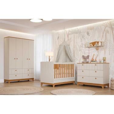 Imagem de Quarto de Bebê Completo Biscoito 3 Peças (Guarda Roupa+Berço+Cômoda) QI106 Off White/Nature - Permóbili Baby
