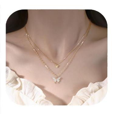 Imagem de Colar de borboleta banhado a ouro 14K em camadas para mulheres - joia com pingente de corrente dupla de zircônia cúbica, acessório delicado para o dia a dia e para presente, one size, Metal, Sem Pedra