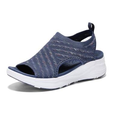 Imagem de YESWIN Sandálias femininas de caminhada, suporte de arco, ortopédica, confortável, fascite plantar, antiderrapante, casual, bico aberto, sandálias esportivas para verão e praia, Azul marinho colorido