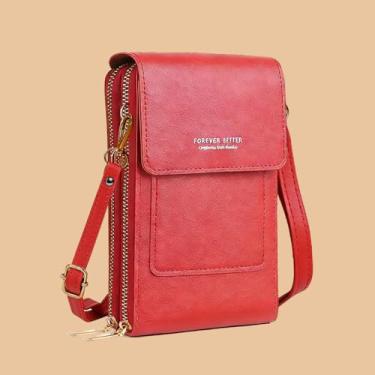 Imagem de Carteira feminina pequena transversal com tela sensível ao toque para celular, carteira com bloqueio de RFID, alça de ombro, Vermelho, Bolsas transversais