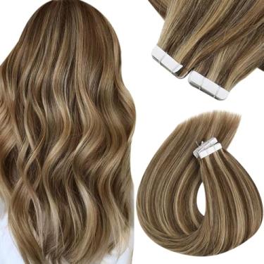 Imagem de Sunny Hair Extensões de cabelo humano com fita adesiva extensões de cabelo humano 55 cm fita de cabelo humano real em extensões para mulheres castanho médio destaques cabelo loiro caramelo Remy trama