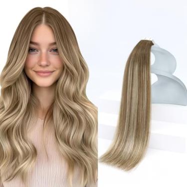 Imagem de Sunny Hair Extensões de cabelo humano com fita adesiva, fita de cabelo humano em extensões de cabelo loiro castanho claro balayage fita de cabelo humano real em 30 g