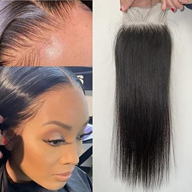 Imagem de Topnormantic Fecho de renda HD real 10 x 10 cm, fechamento de renda suíça invisível ultrafino pré-arrancado com cabelo de bebê cor natural seda liso 12A sem cabelo Remy brasileiro parte única nós 40,6