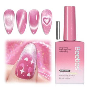 Imagem de Esmalte Beetles Sugar Swirl Pink Cat Eye Gel – 15 ml Pink Cat Eye Valentines Gel Polish Glitter Magnético Translúcido Efeito Vidro Absorver UV Francês Arte em Unhas Presentes de Manicure para Mulheres